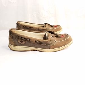Sperry Top Sider brown leather and fabric women's slip on shoes 8M